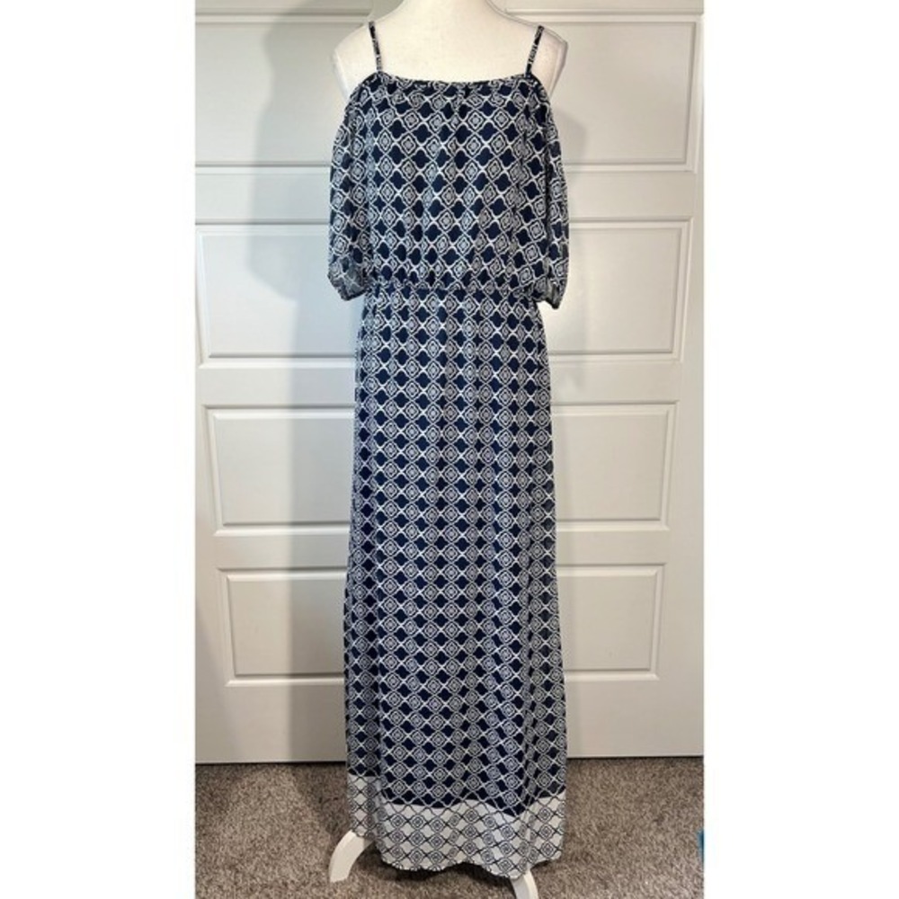 Tacera Maxi Dress Womens PL Petite Blueโ White Geometric Cold Shoulder